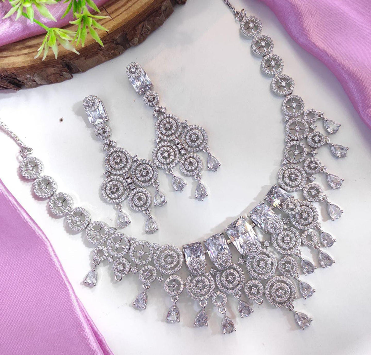 Layered CZ Silver Indian Choker Earrings Set For Women - AD Choker Set - Libasaa.com