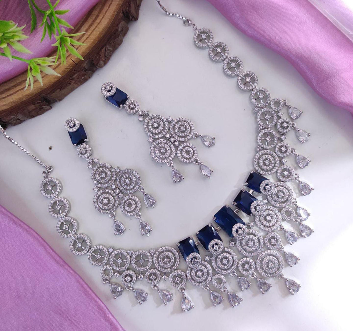 Layered CZ Silver Indian Choker Earrings Set For Women - AD Choker Set - Libasaa.com