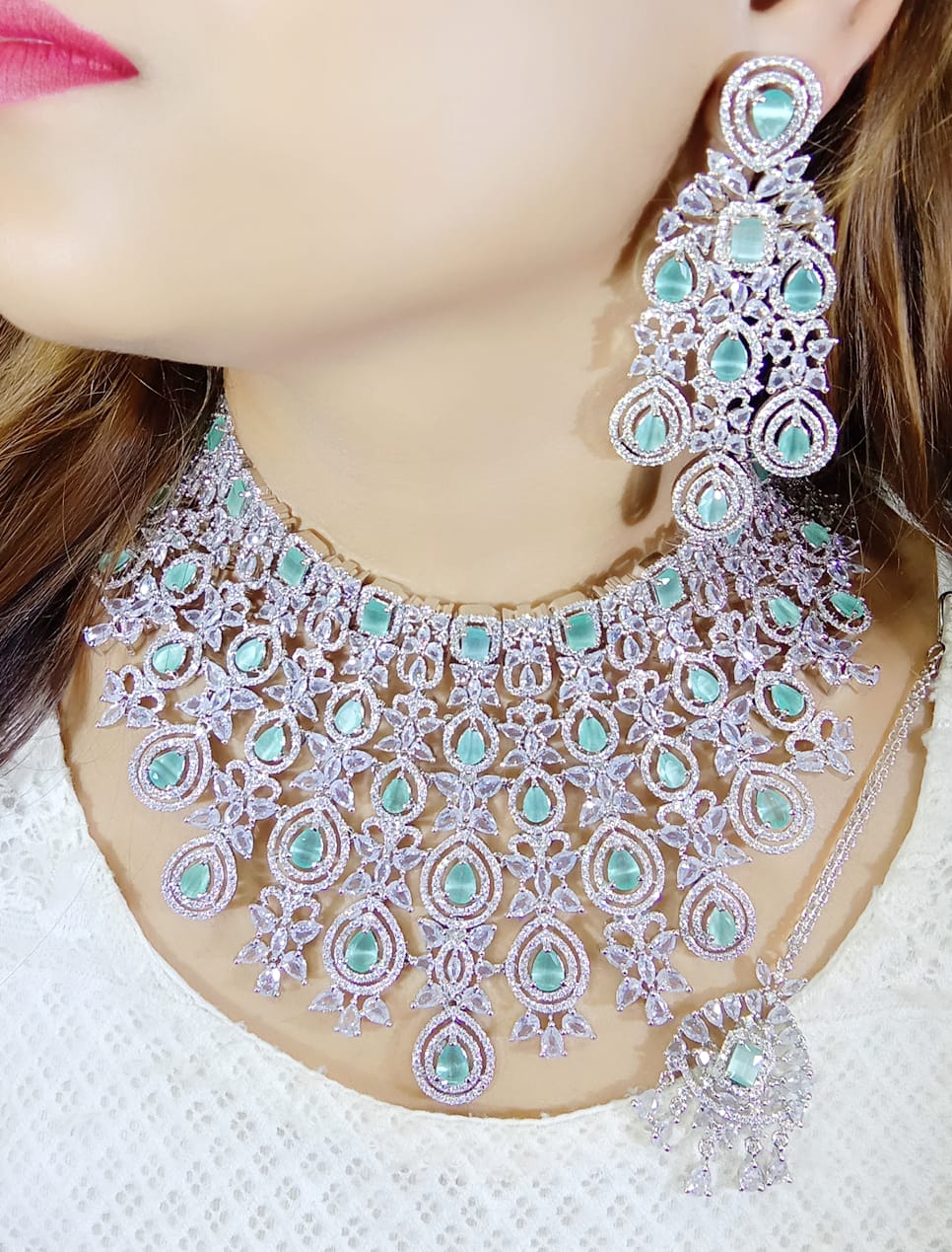 Multi Layered Bollywood Inspired CZ Choker Earring Set For Wedding - Libasaa.com