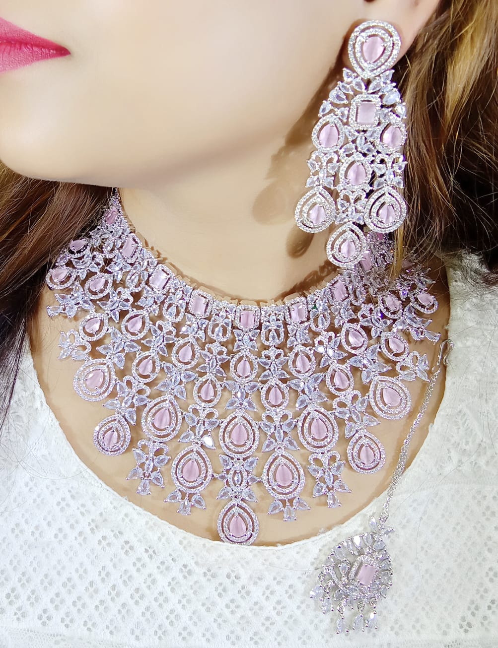 Multi Layered Bollywood Inspired CZ Choker Earring Set For Wedding - Libasaa.com