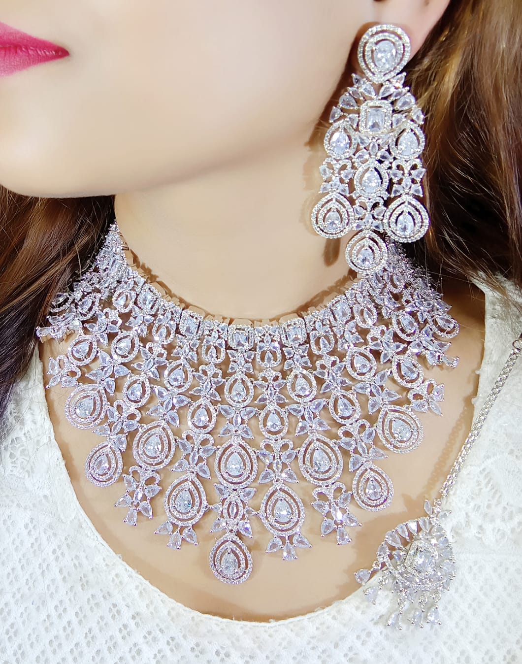 Multi Layered Bollywood Inspired CZ Choker Earring Set For Wedding - Libasaa.com