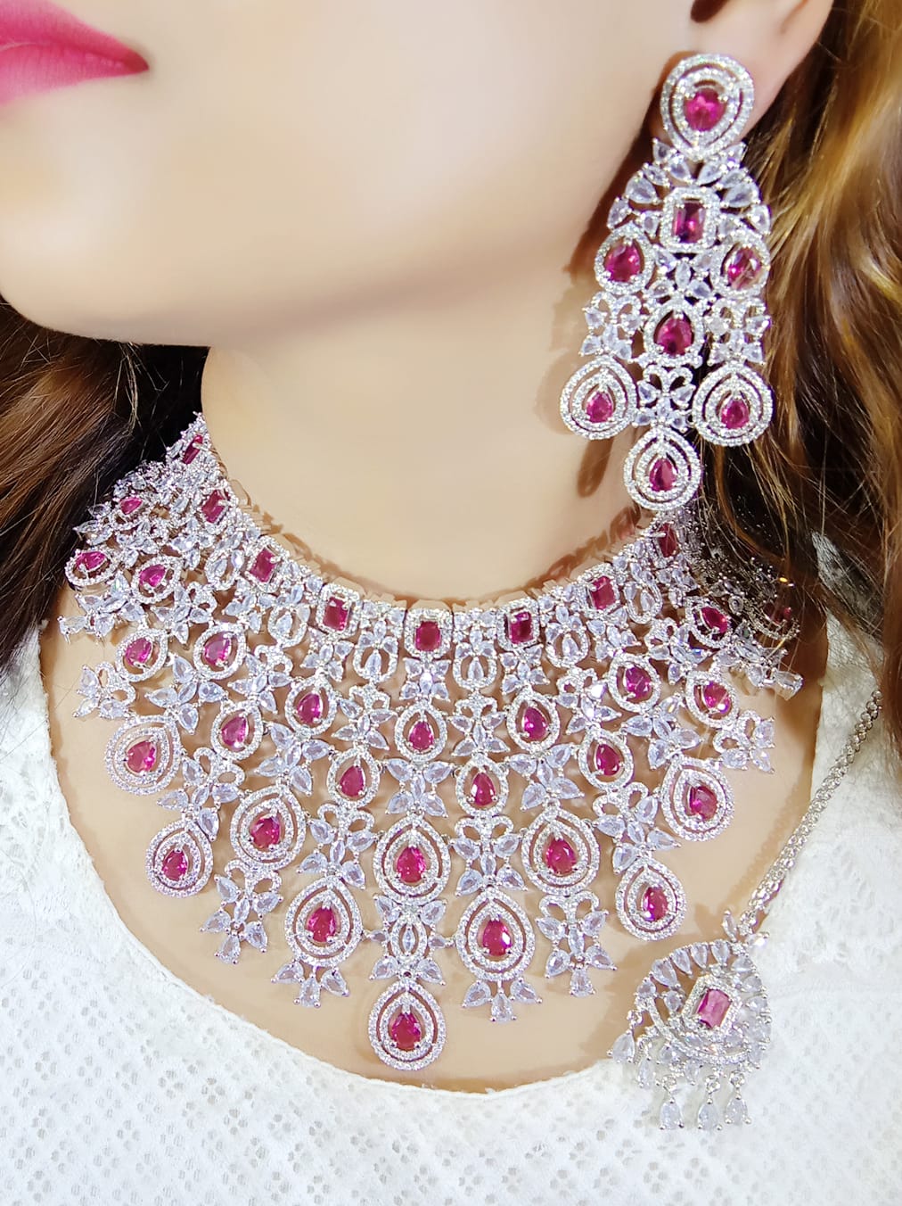 Multi Layered Bollywood Inspired CZ Choker Earring Set For Wedding - Libasaa.com