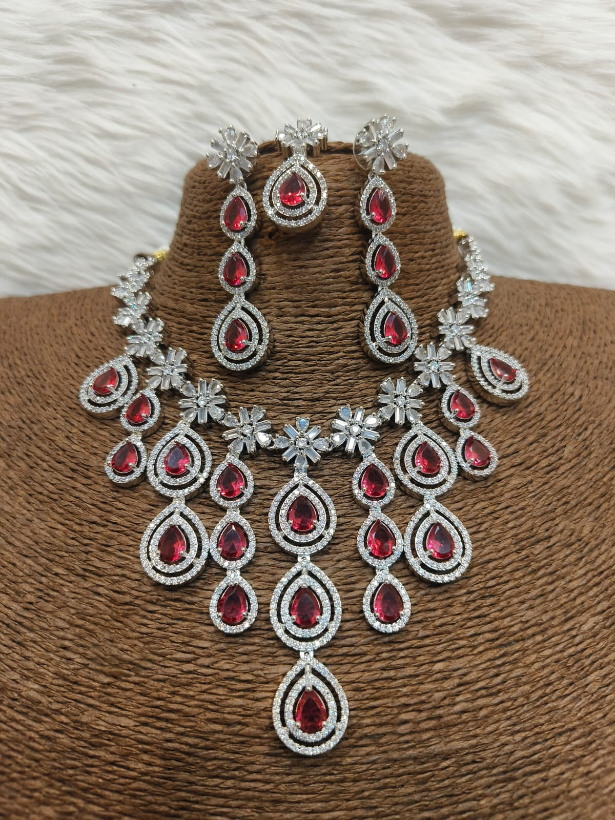 Sterling Floral Silver Finish AD Choker Earrings Set For Wedding - Libasaa.com