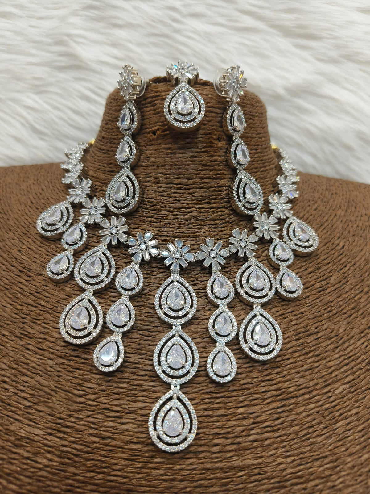 Sterling Floral Silver Finish AD Choker Earrings Set For Wedding - Libasaa.com