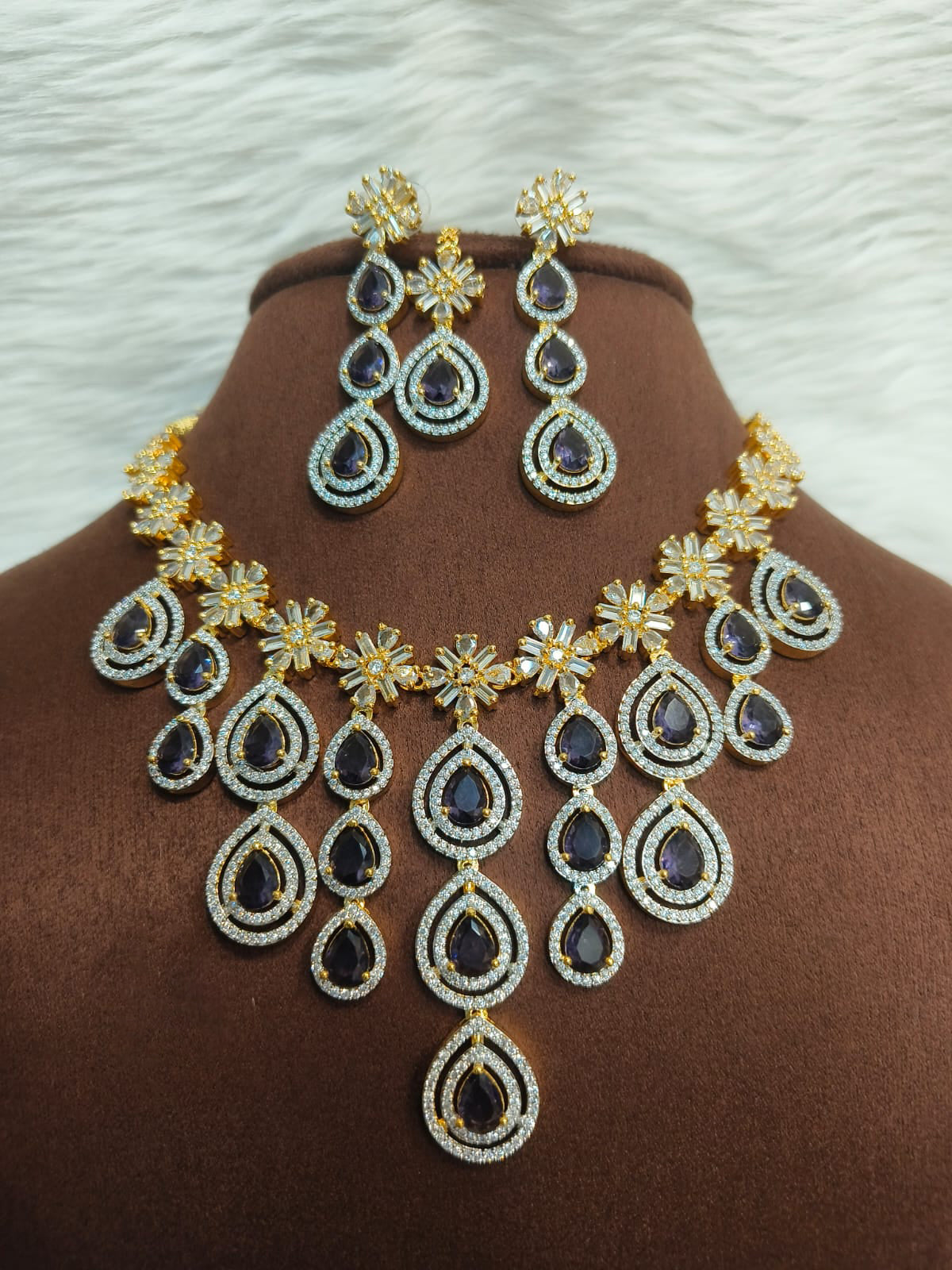 Sterling Floral Silver Finish AD Choker Earrings Set For Wedding - Libasaa.com