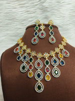 Sterling Floral Silver Finish AD Choker Earrings Set For Wedding - Libasaa.com