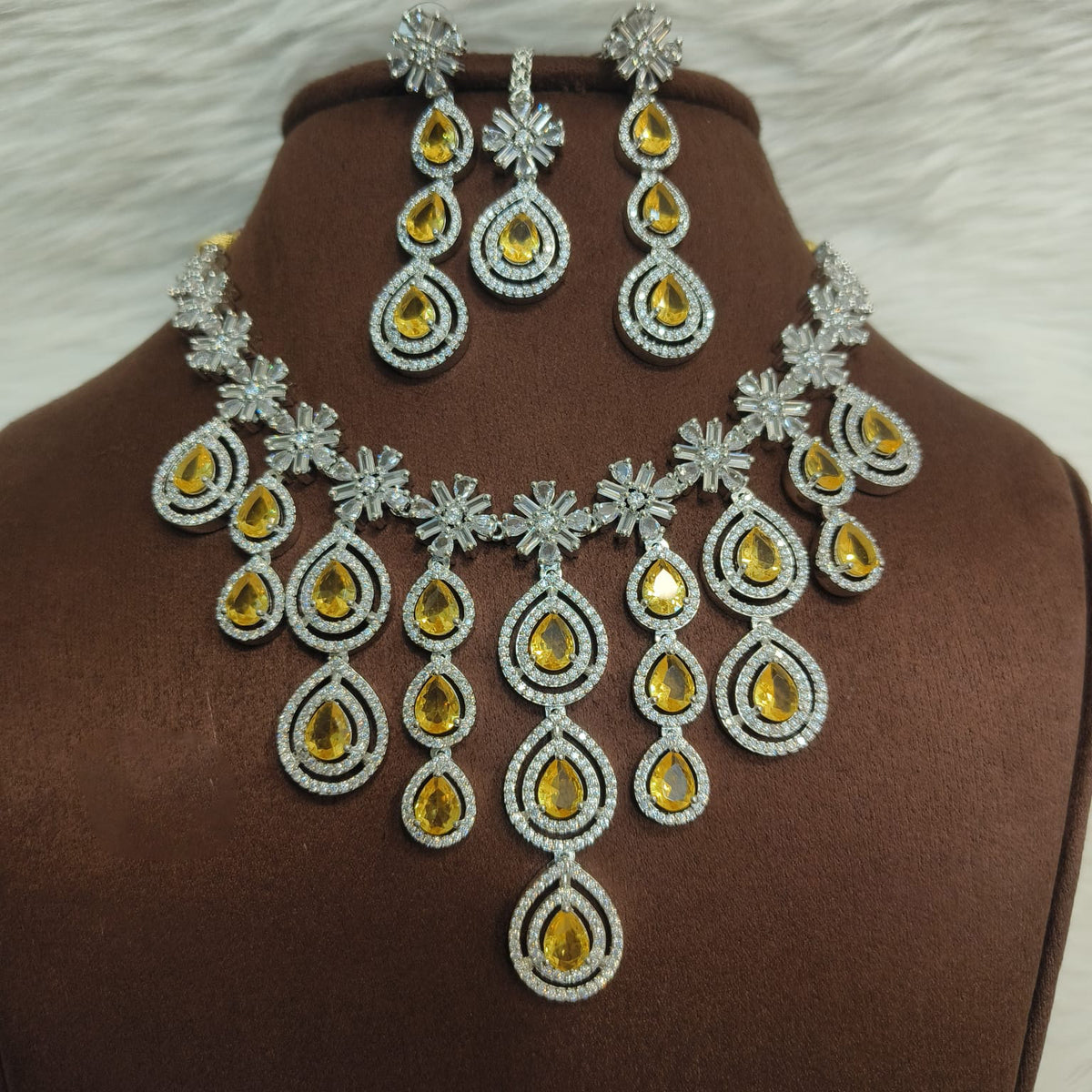 Sterling Floral Silver Finish AD Choker Earrings Set For Wedding - Libasaa.com