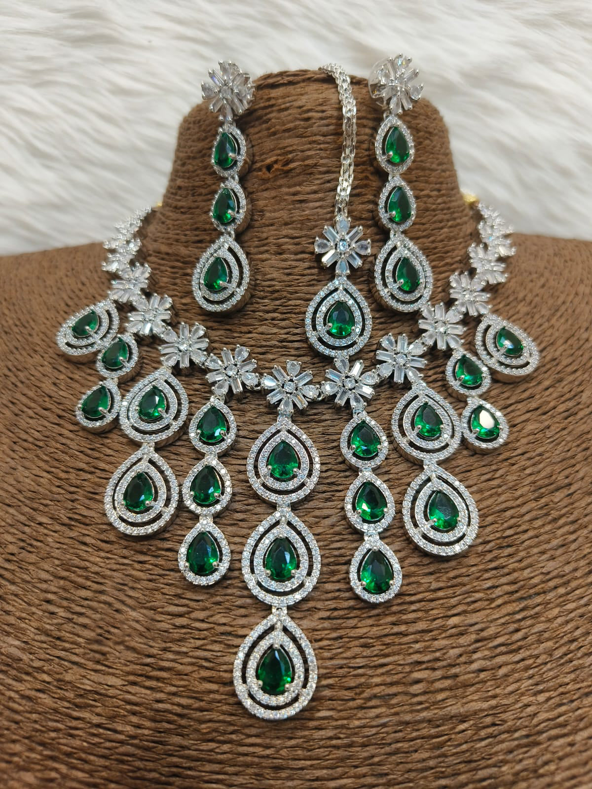 Sterling Floral Silver Finish AD Choker Earrings Set For Wedding - Libasaa.com