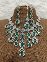 Sterling Floral Silver Finish AD Choker Earrings Set For Wedding - Libasaa.com