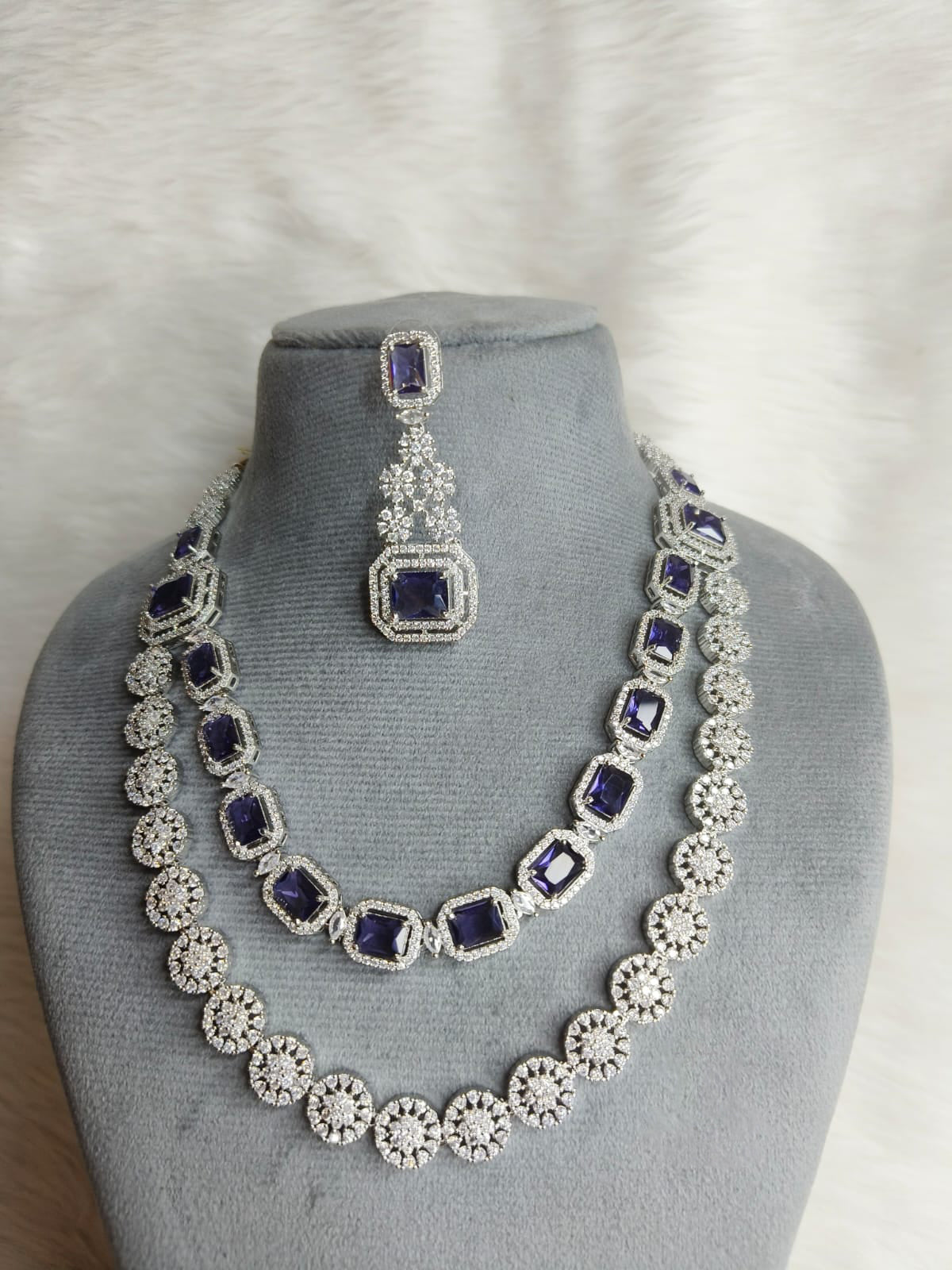 Wedding Double Layered AD Floral Design Necklace Earrings Indian Jewelry - Libasaa.com