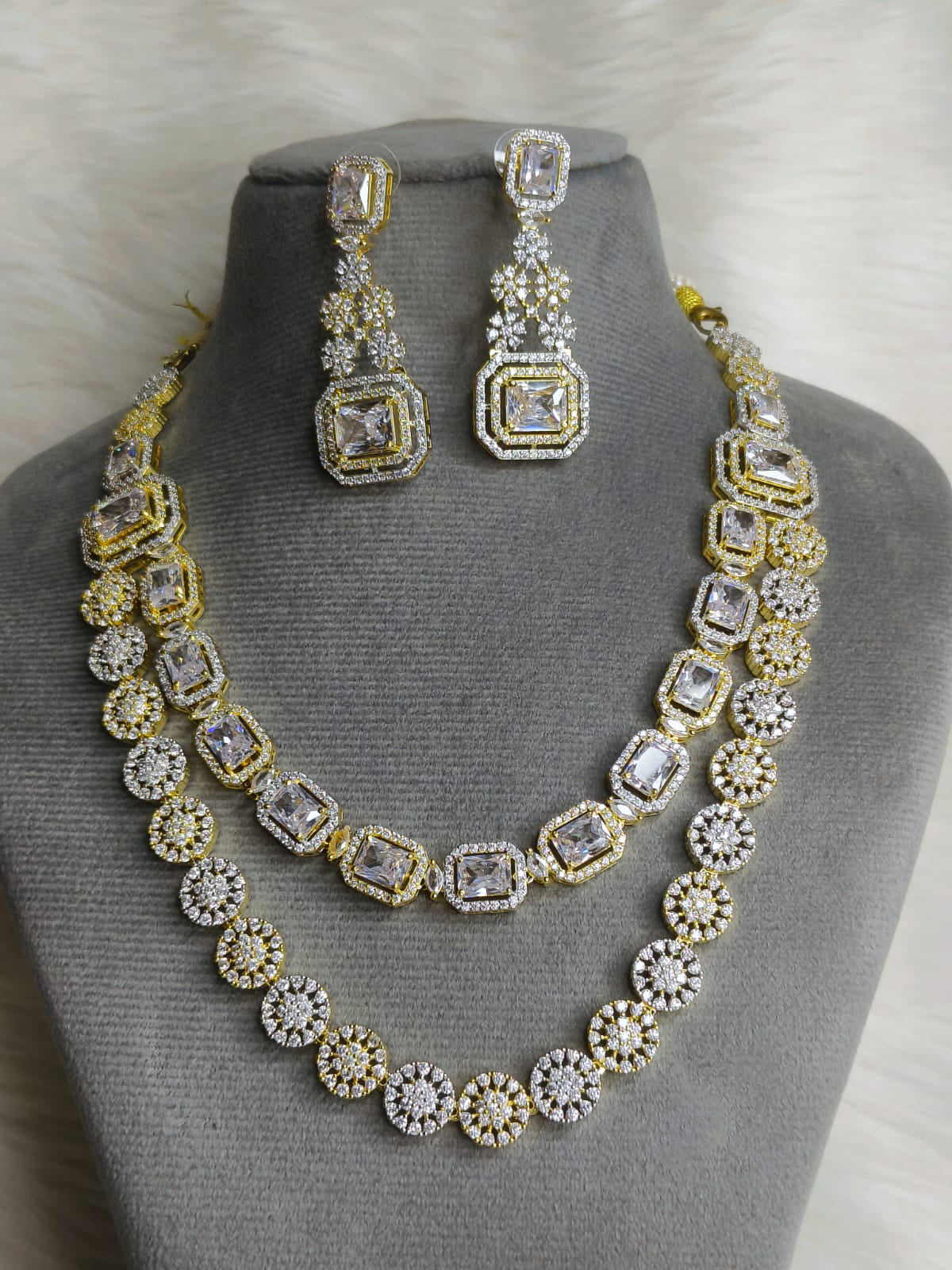 Wedding Double Layered AD Floral Design Necklace Earrings Indian Jewelry - Libasaa.com