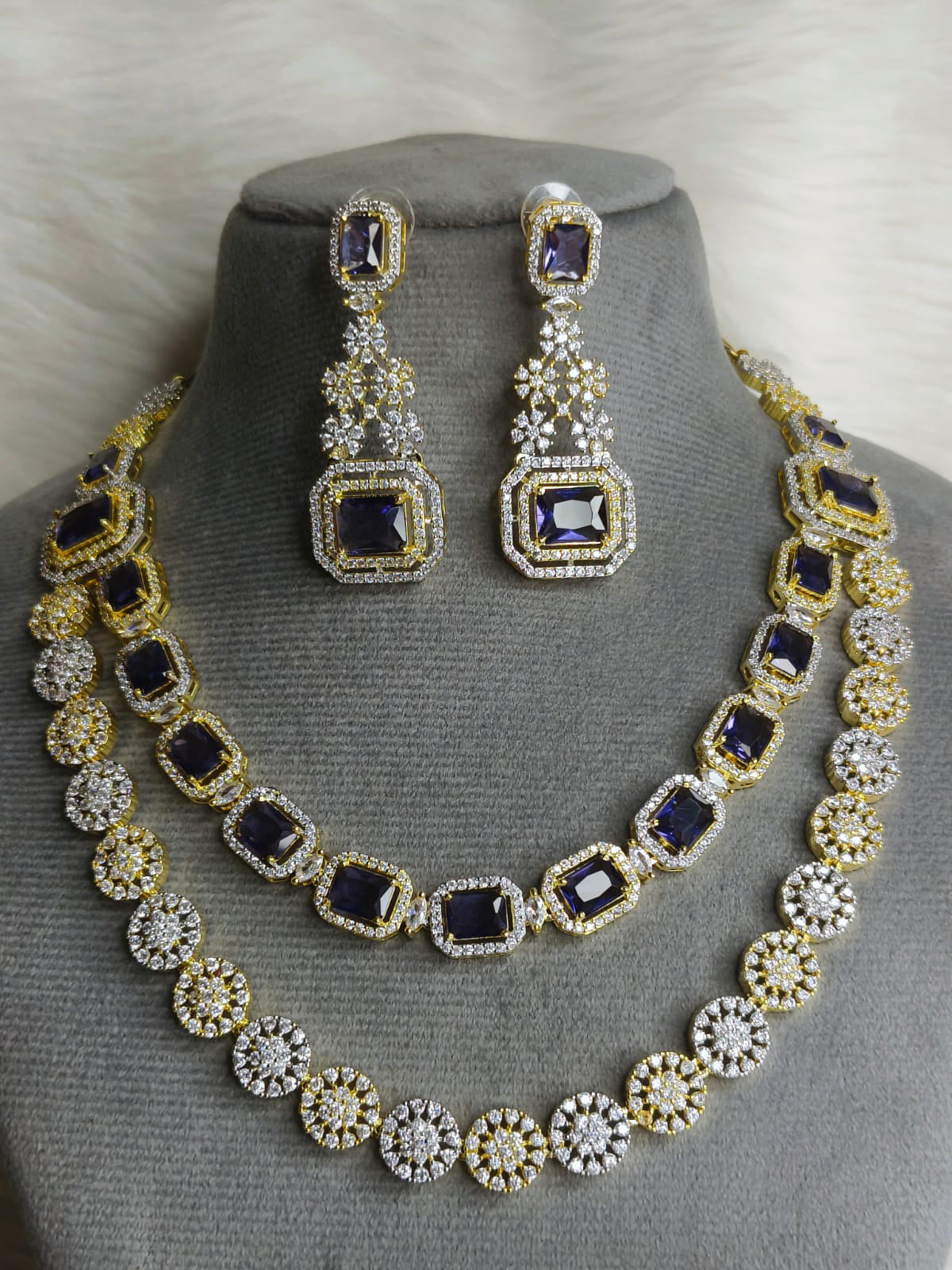 Wedding Double Layered AD Floral Design Necklace Earrings Indian Jewelry - Libasaa.com