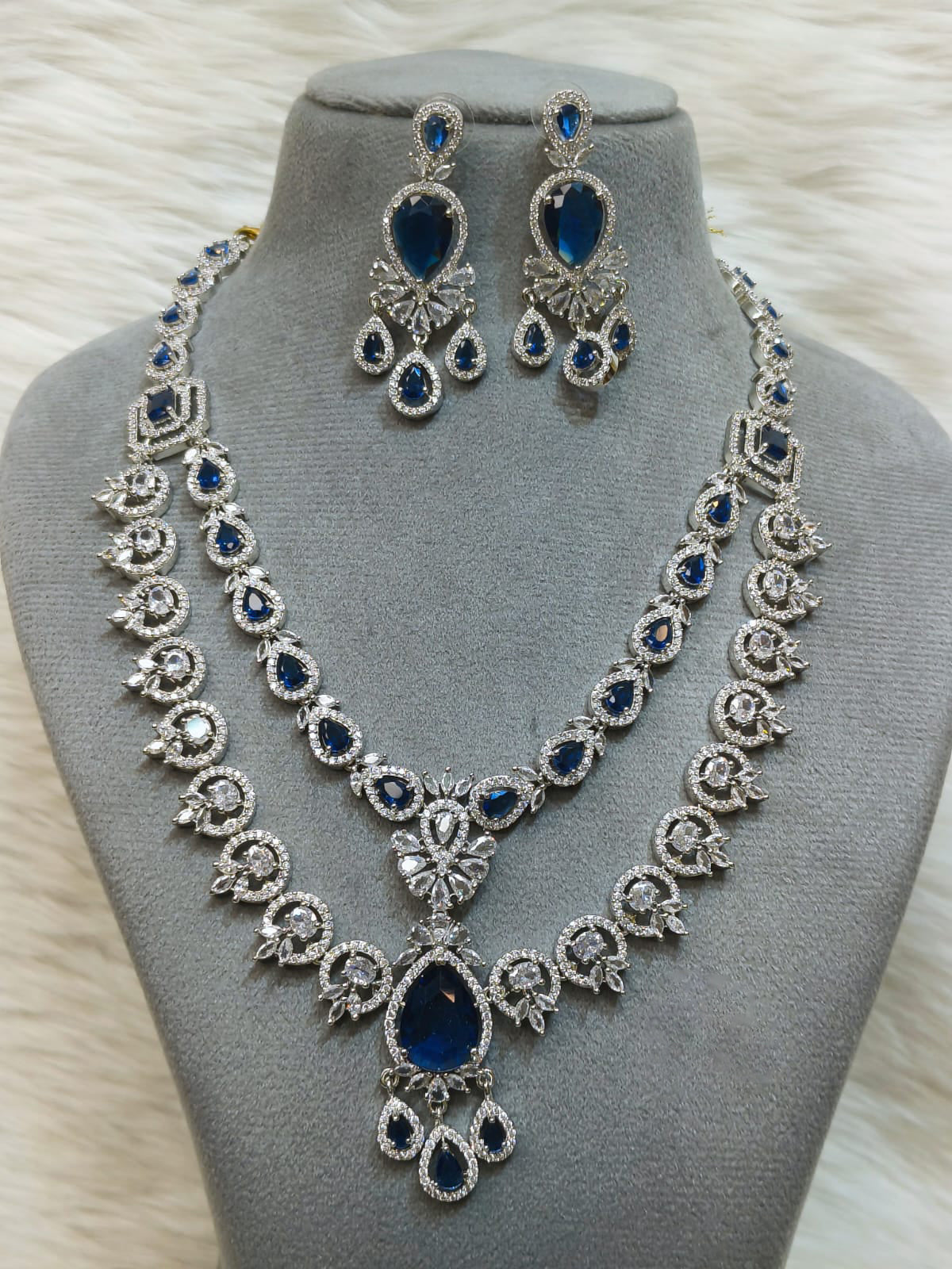 Pakistani Layered Silver Toned CZ Flower Design Statement Necklace Earrings Set For Wedding - Libasaa.com