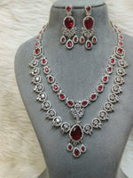 Pakistani Layered Silver Toned CZ Flower Design Statement Necklace Earrings Set For Wedding - Libasaa.com