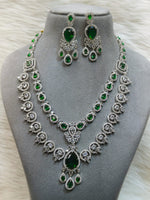 Pakistani Layered Silver Toned CZ Flower Design Statement Necklace Earrings Set For Wedding - Libasaa.com