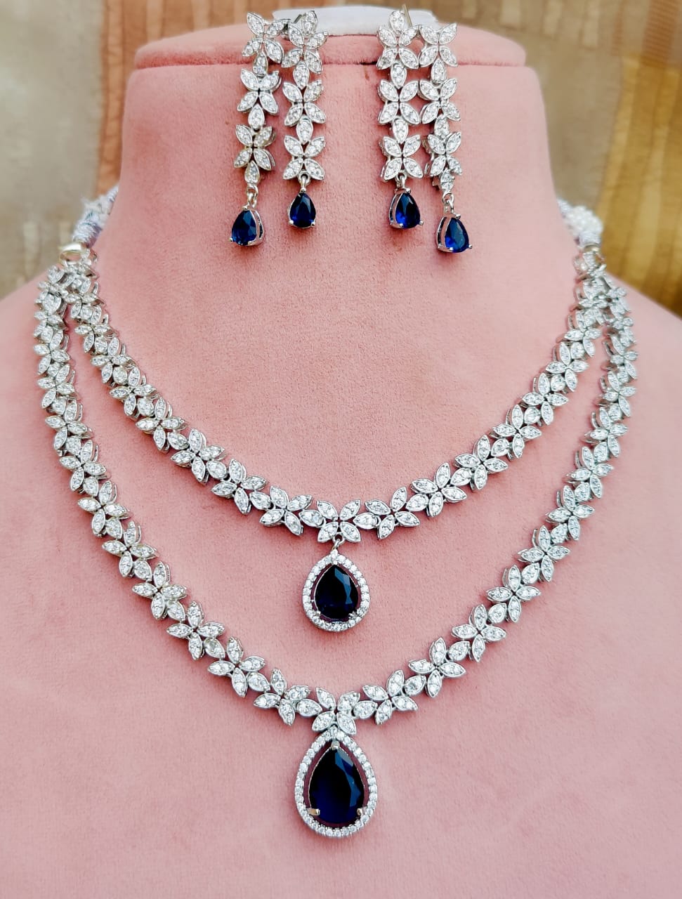 Silver Finish American Diamond Double Layer Floral Choker Earrings Set For Wedding - Libasaa.com