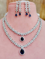 Silver Finish American Diamond Double Layer Floral Choker Earrings Set For Wedding - Libasaa.com