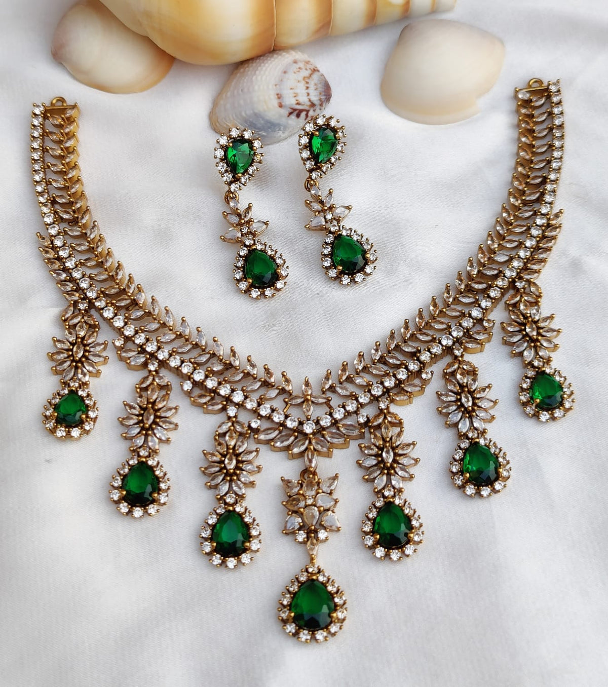 Gold Toned Bridal AD Necklace Earrings Set For Wedding - Libasaa.com