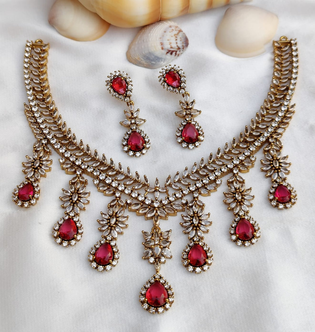 Gold Toned Bridal AD Necklace Earrings Set For Wedding - Libasaa.com