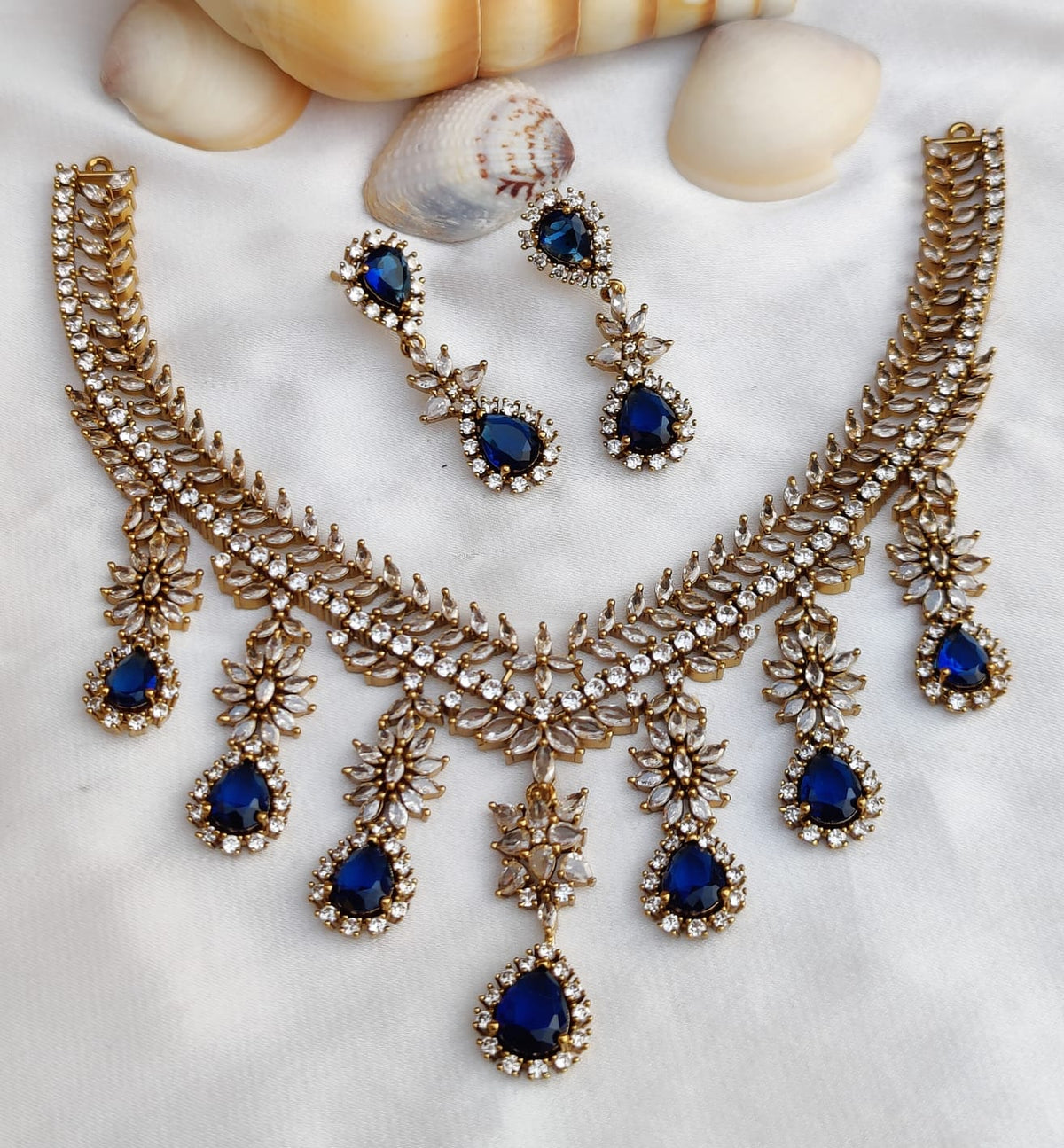 Gold Toned Bridal AD Necklace Earrings Set For Wedding - Libasaa.com