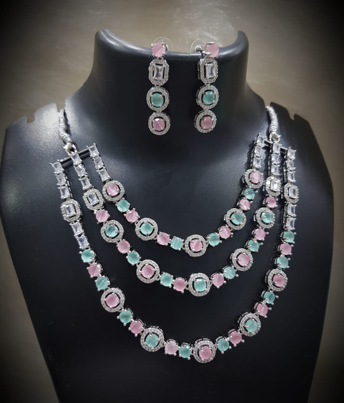 Tripple Layered CZ Necklace Earrings Set for Women | Sparkling Cubic Zirconia Jewelry Set - Libasaa.com