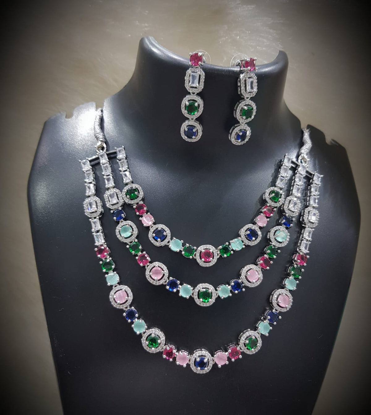 Tripple Layered CZ Necklace Earrings Set for Women | Sparkling Cubic Zirconia Jewelry Set - Libasaa.com