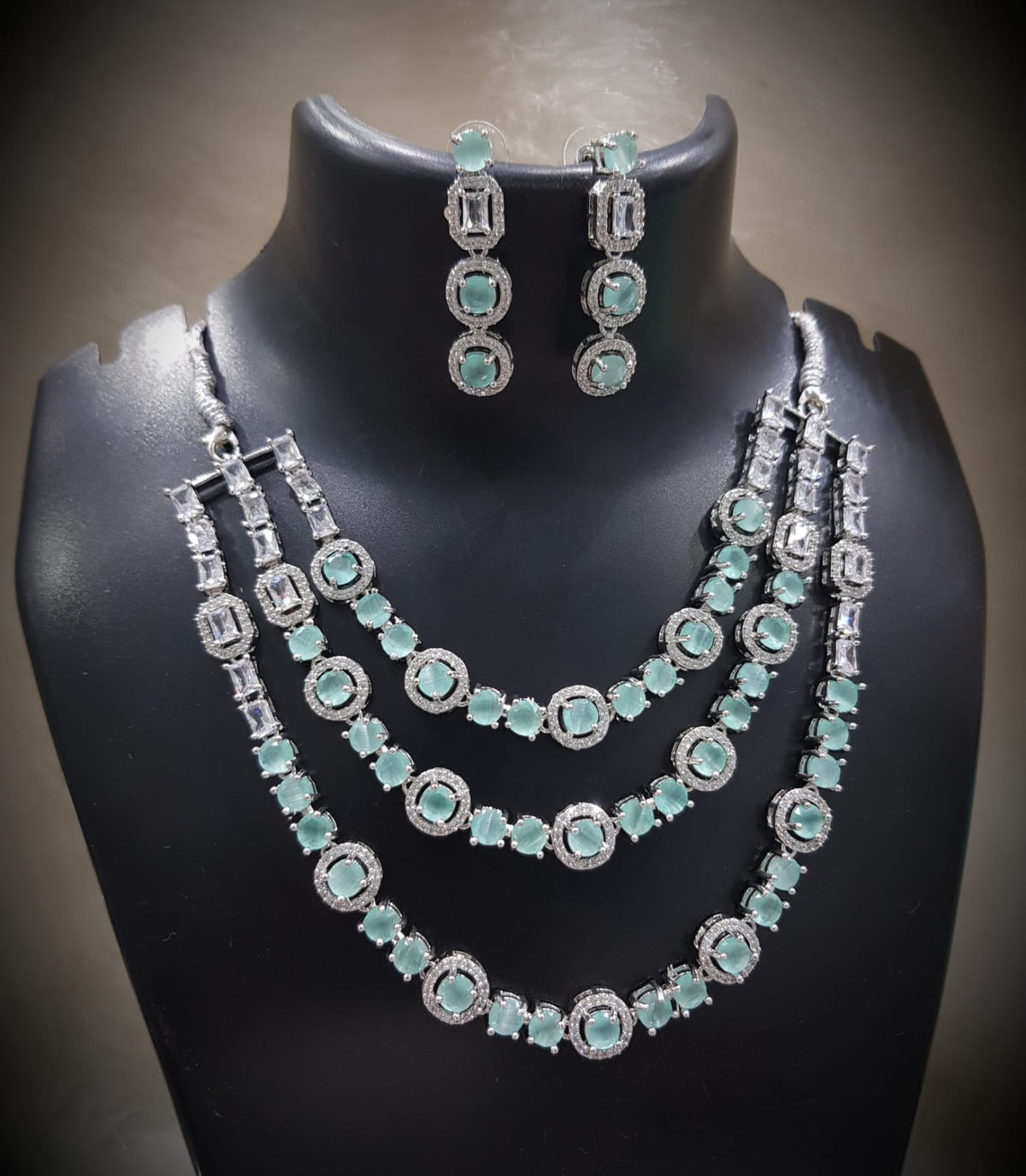 Tripple Layered CZ Necklace Earrings Set for Women | Sparkling Cubic Zirconia Jewelry Set - Libasaa.com