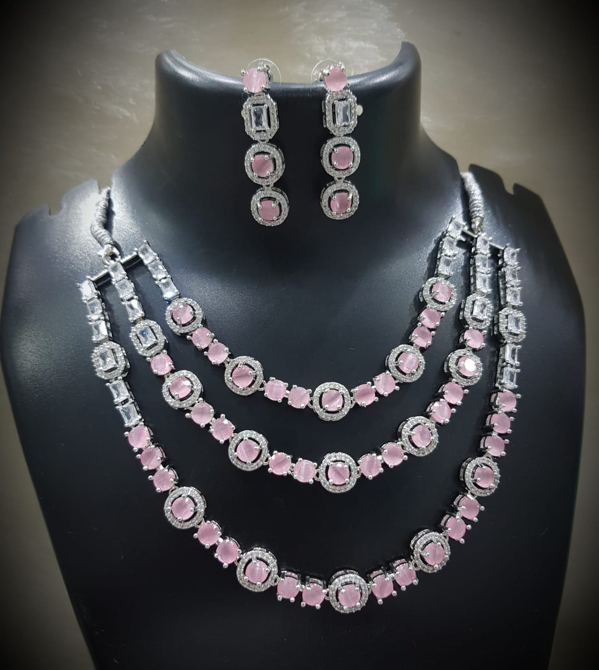 Tripple Layered CZ Necklace Earrings Set for Women | Sparkling Cubic Zirconia Jewelry Set - Libasaa.com