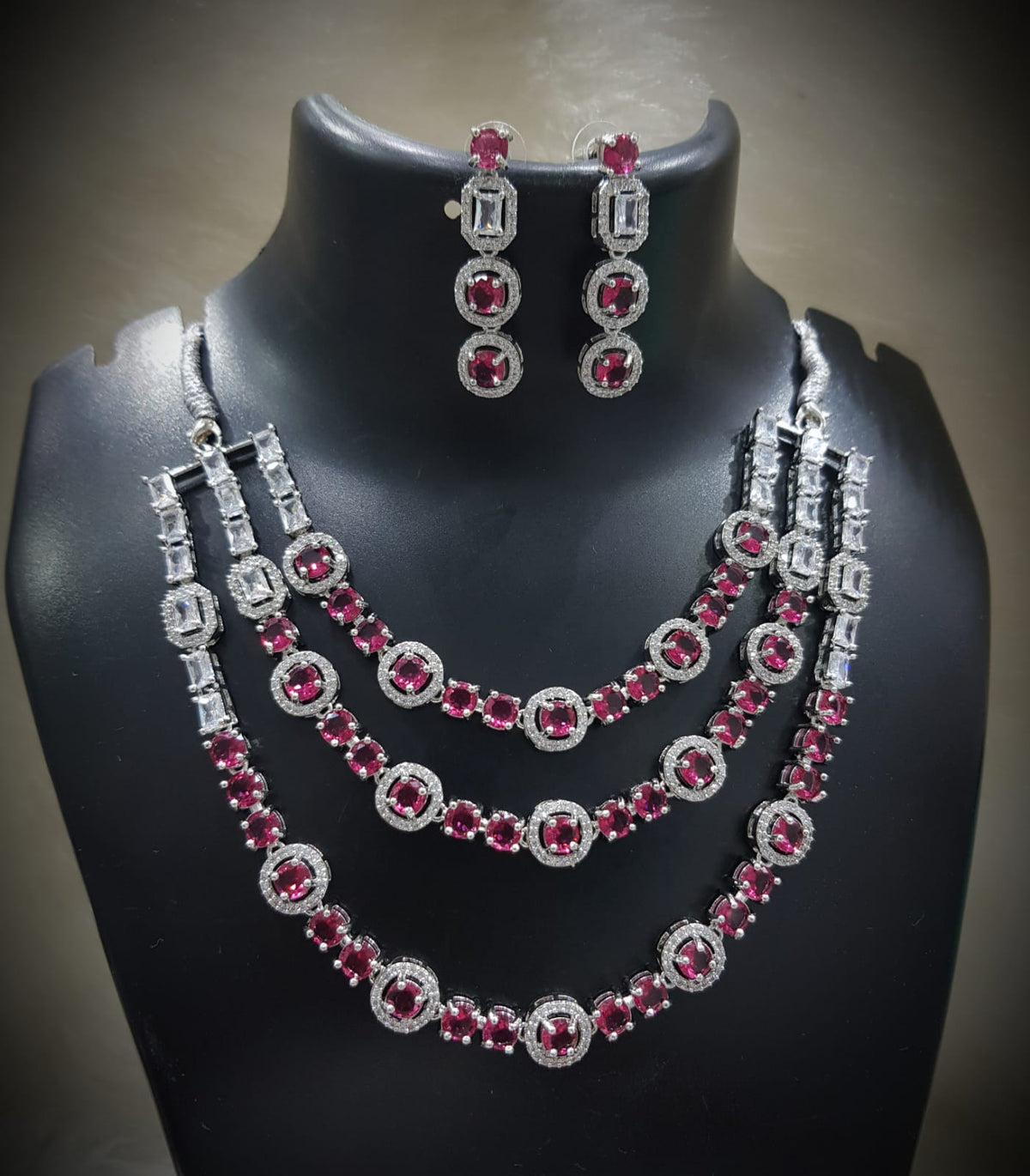 Tripple Layered CZ Necklace Earrings Set for Women | Sparkling Cubic Zirconia Jewelry Set - Libasaa.com