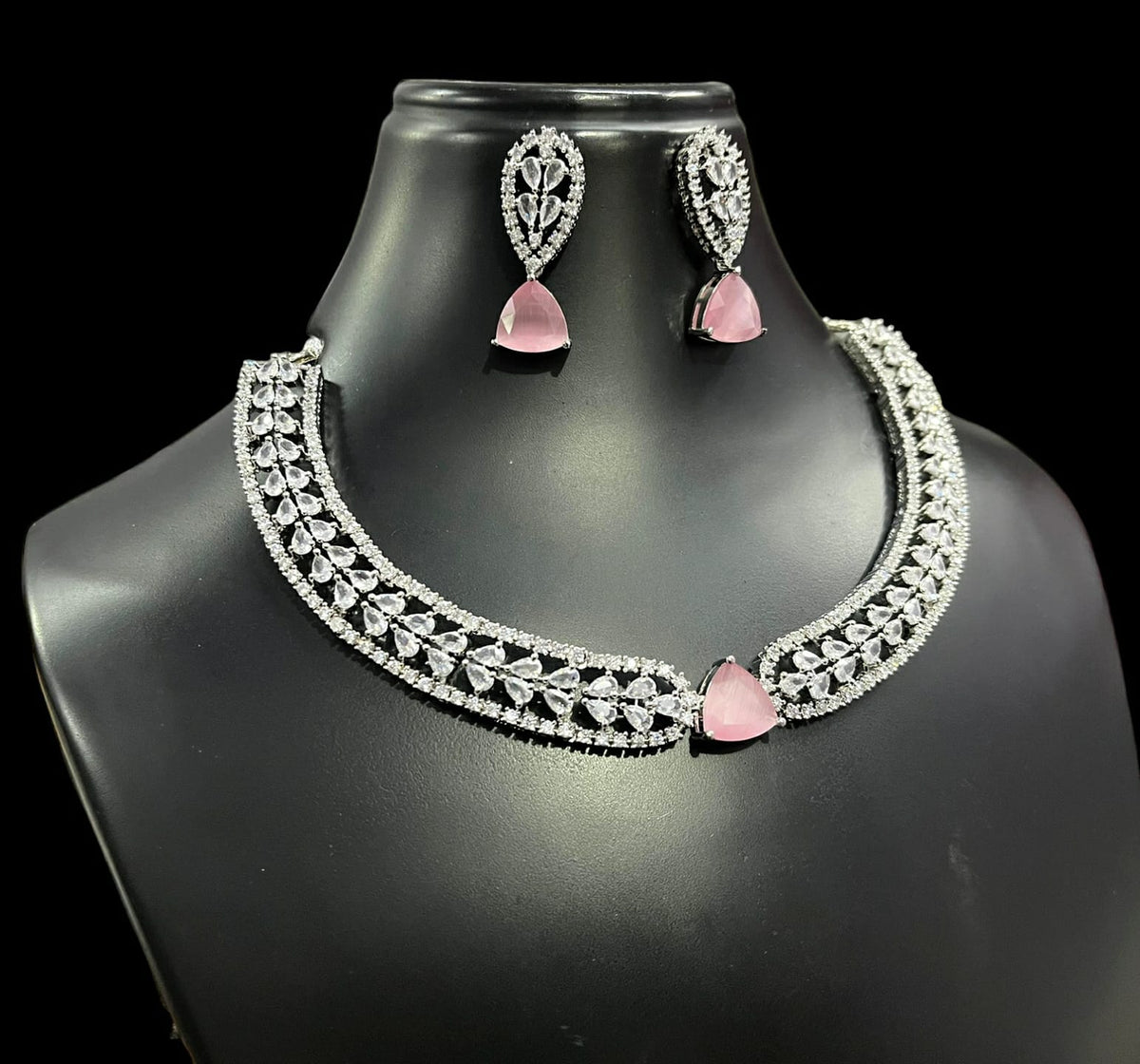 Silver Finish Flower Design CZ Choker Earrings Set For Wedding | Elegant Bridal Jewelry Set - Libasaa.com