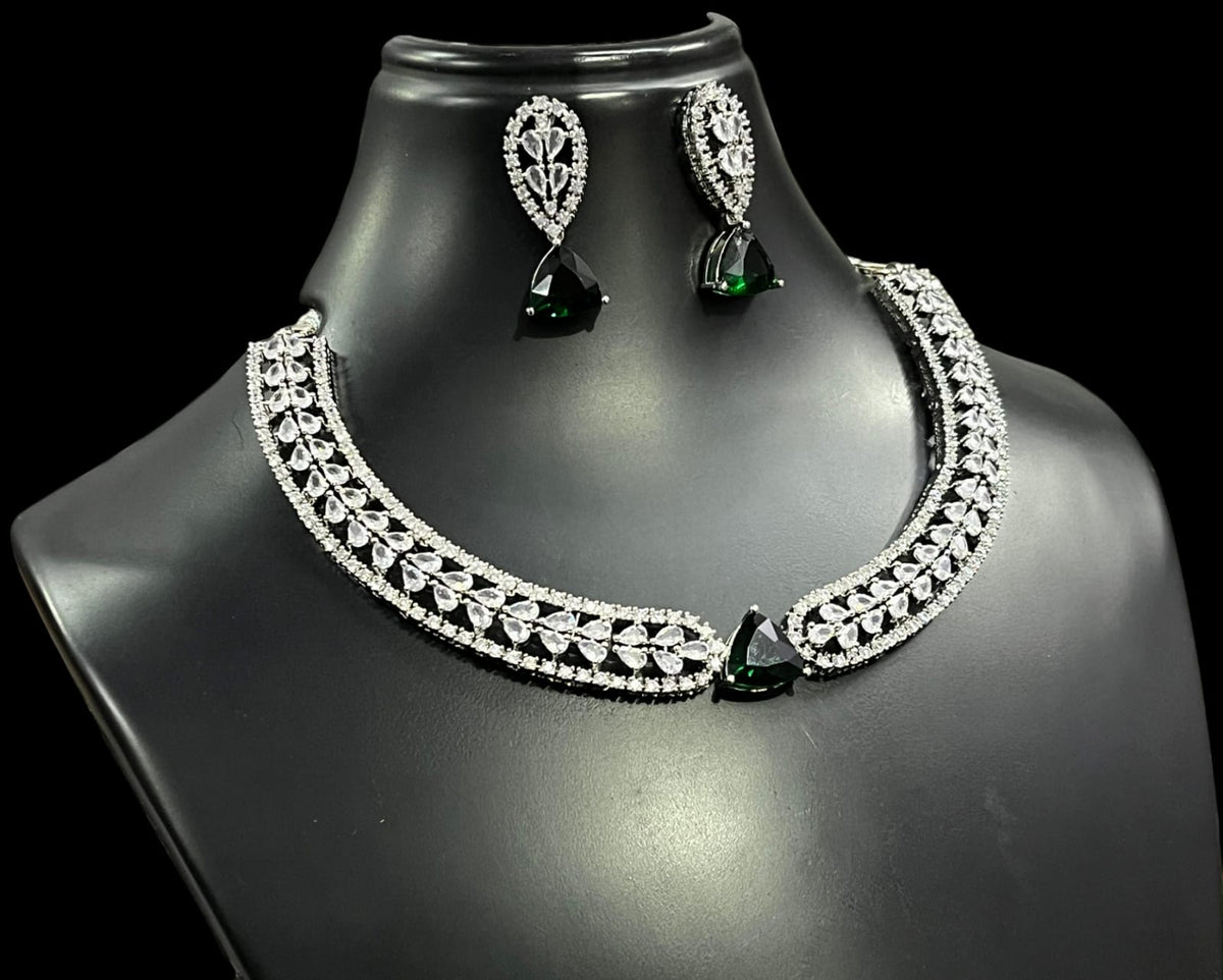 Silver Finish Flower Design CZ Choker Earrings Set For Wedding | Elegant Bridal Jewelry Set - Libasaa.com