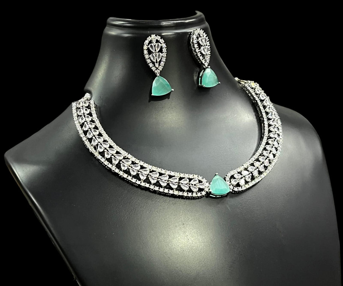 Silver Finish Flower Design CZ Choker Earrings Set For Wedding | Elegant Bridal Jewelry Set - Libasaa.com