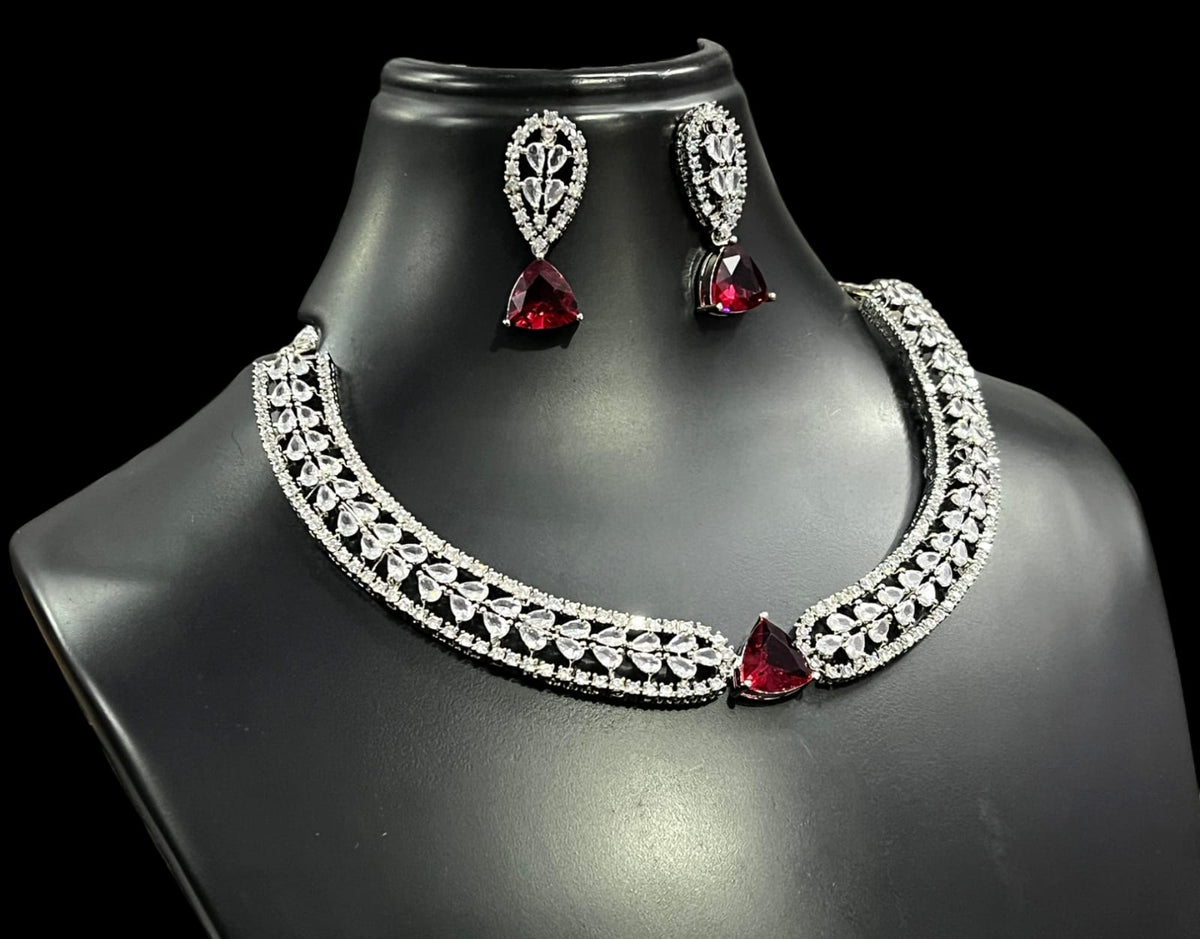 Silver Finish Flower Design CZ Choker Earrings Set For Wedding | Elegant Bridal Jewelry Set - Libasaa.com