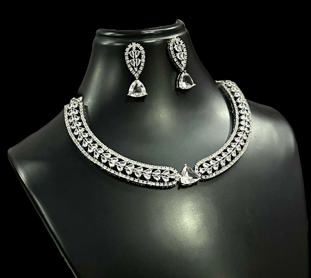 Silver Finish Flower Design CZ Choker Earrings Set For Wedding | Elegant Bridal Jewelry Set - Libasaa.com