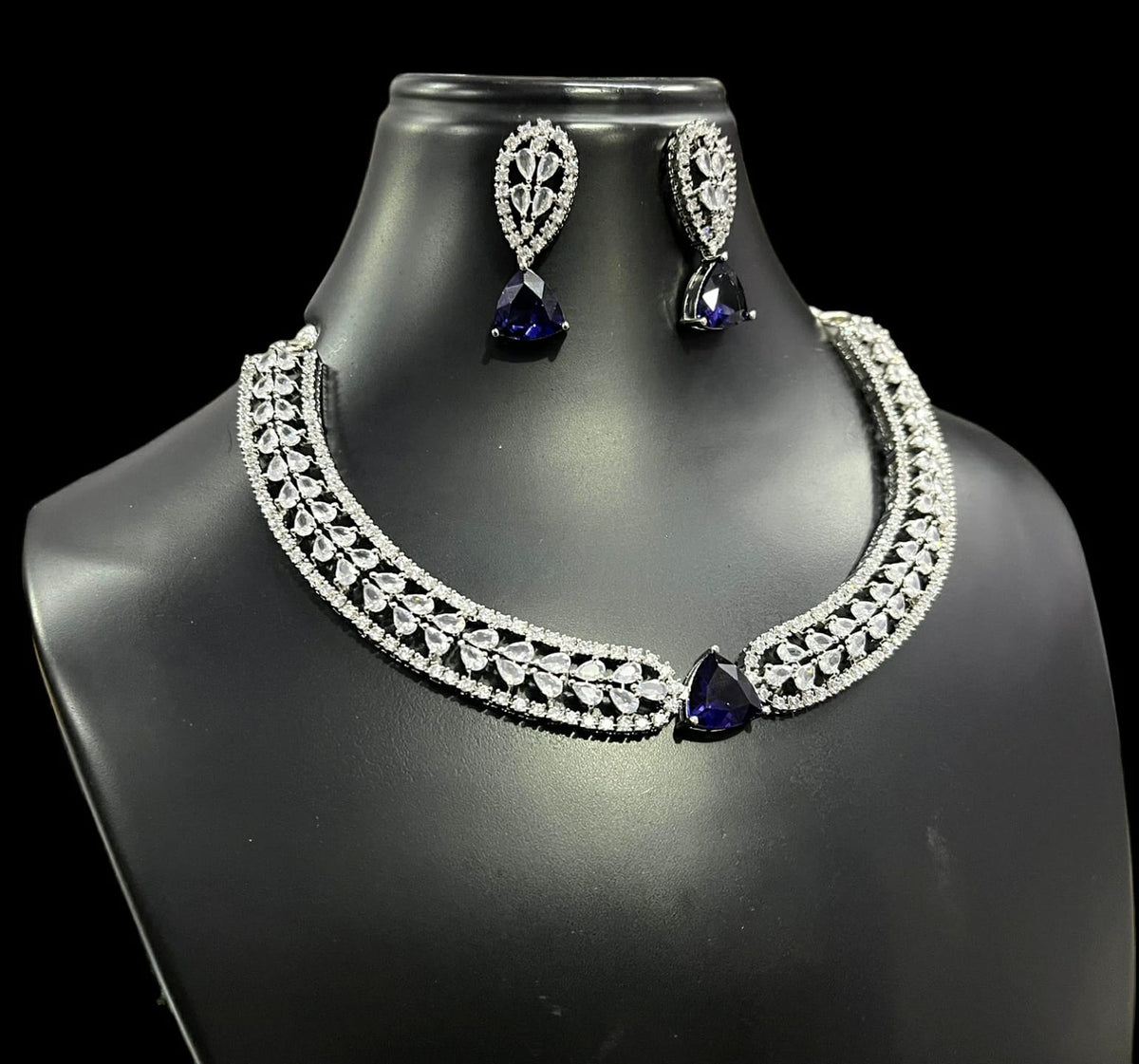 Silver Finish Flower Design CZ Choker Earrings Set For Wedding | Elegant Bridal Jewelry Set - Libasaa.com