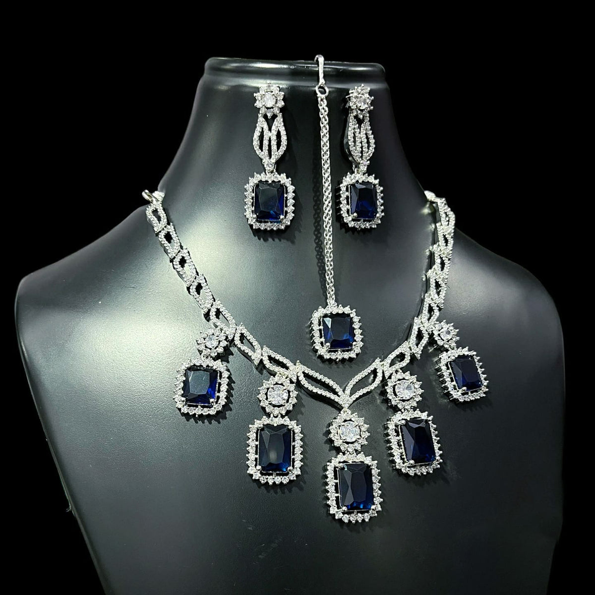 Square American Diamond Stone Work Necklace Earring Mangtikka Set - Libasaa.com
