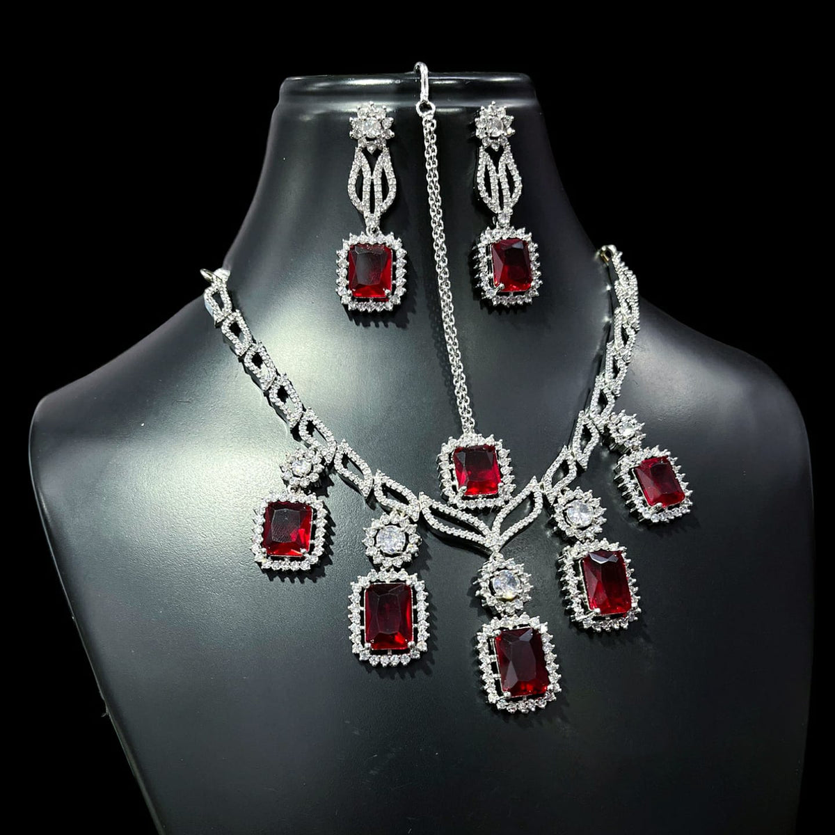 Square American Diamond Stone Work Necklace Earring Mangtikka Set - Libasaa.com