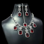 Square American Diamond Stone Work Necklace Earring Mangtikka Set - Libasaa.com