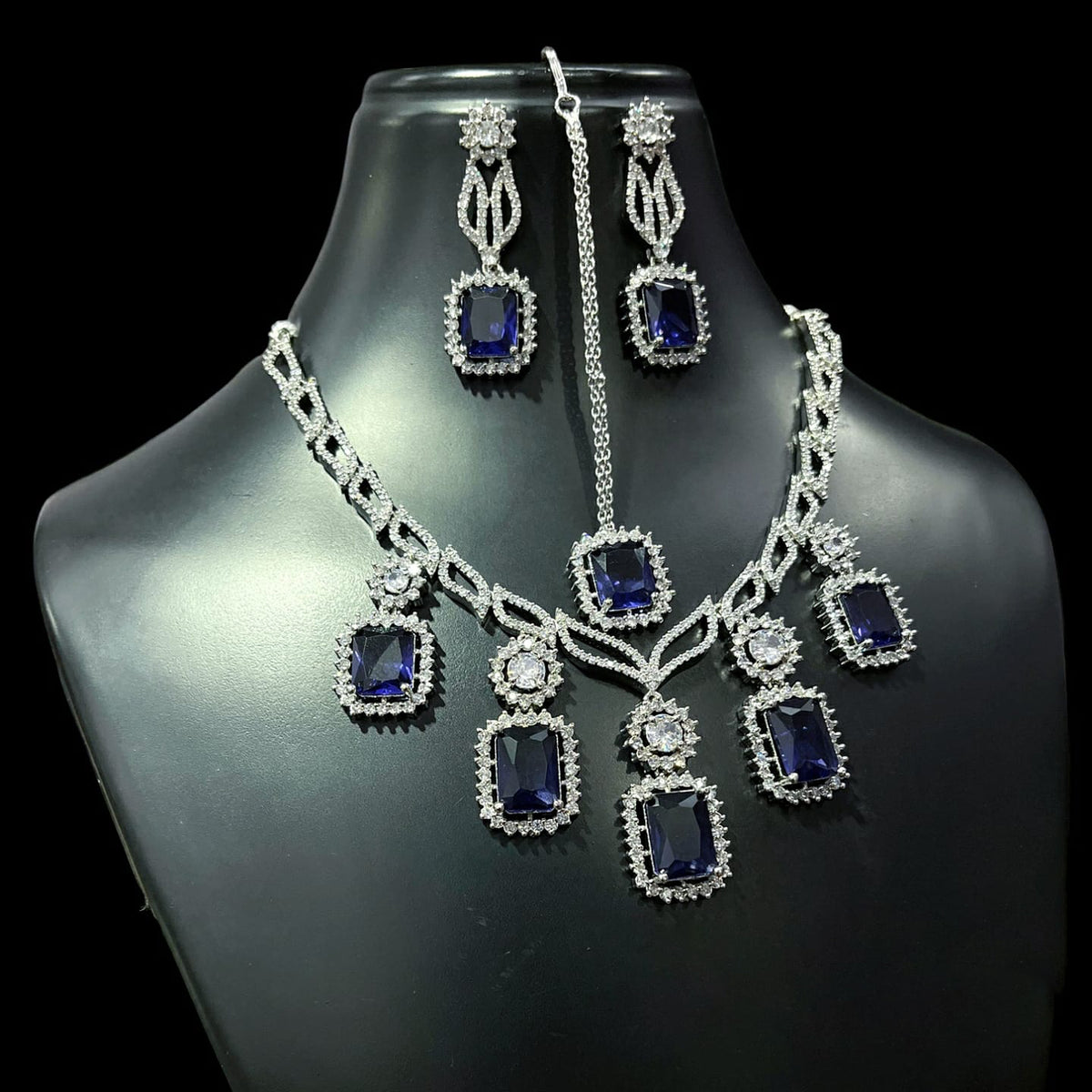 Square American Diamond Stone Work Necklace Earring Mangtikka Set - Libasaa.com