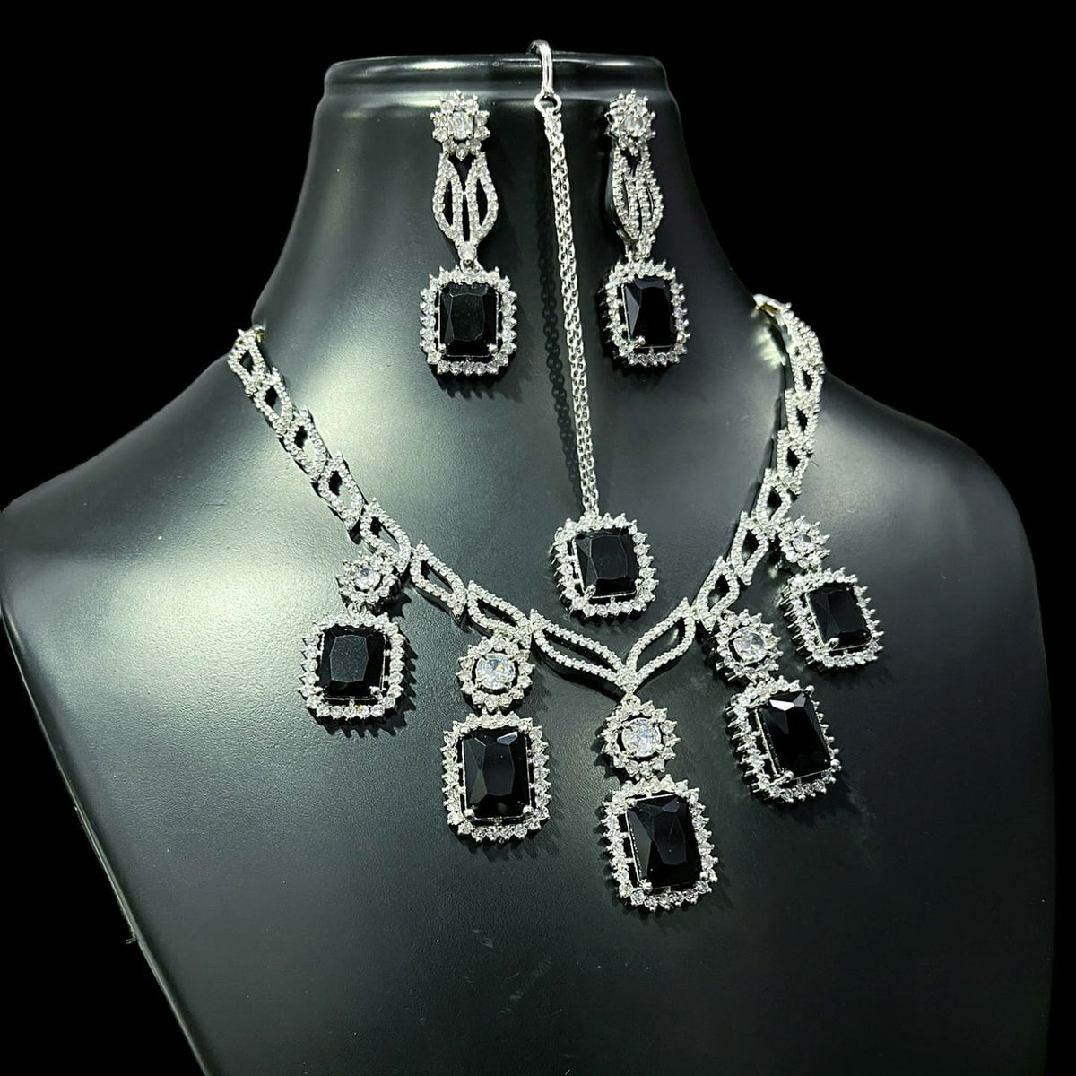 Square American Diamond Stone Work Necklace Earring Mangtikka Set - Libasaa.com