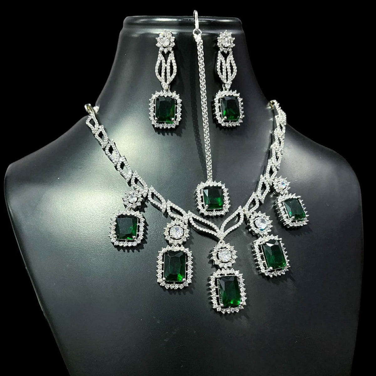 Square American Diamond Stone Work Necklace Earring Mangtikka Set - Libasaa.com