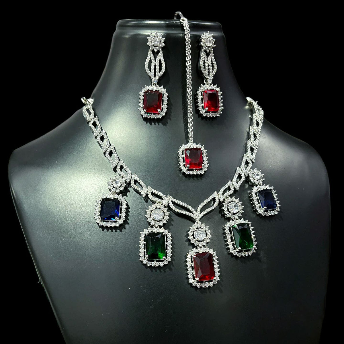 Square American Diamond Stone Work Necklace Earring Mangtikka Set - Libasaa.com