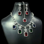 Square American Diamond Stone Work Necklace Earring Mangtikka Set - Libasaa.com
