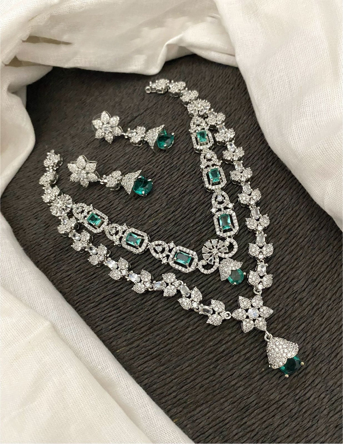 Pakistani Double Layered Floral AD Necklace Earring Set For Wedding - Libasaa.com