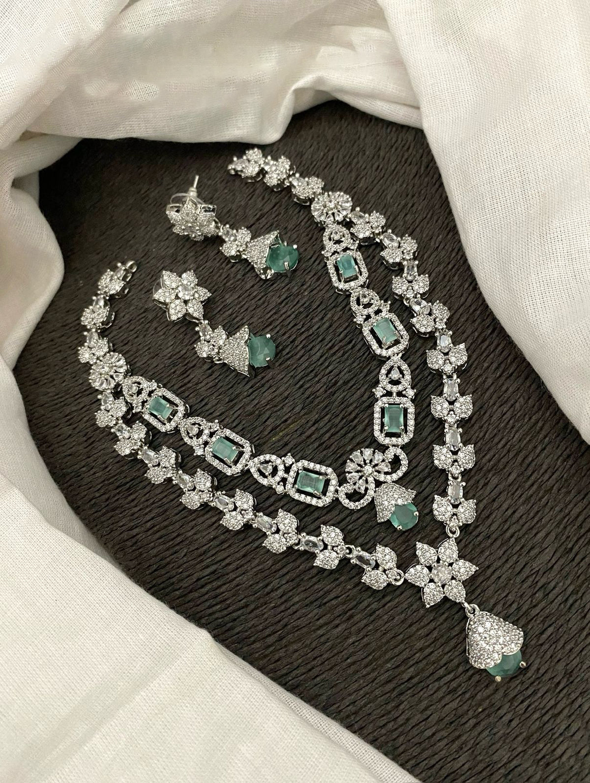 Pakistani Double Layered Floral AD Necklace Earring Set For Wedding - Libasaa.com