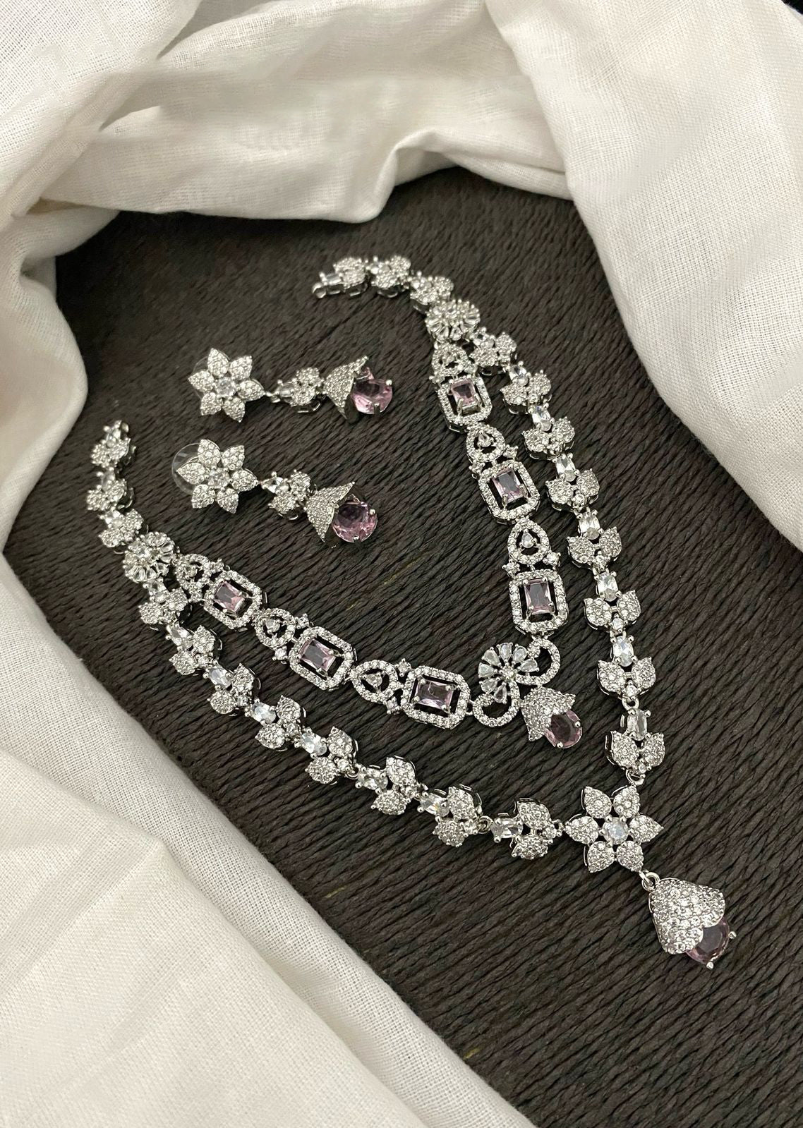 Pakistani Double Layered Floral AD Necklace Earring Set For Wedding - Libasaa.com