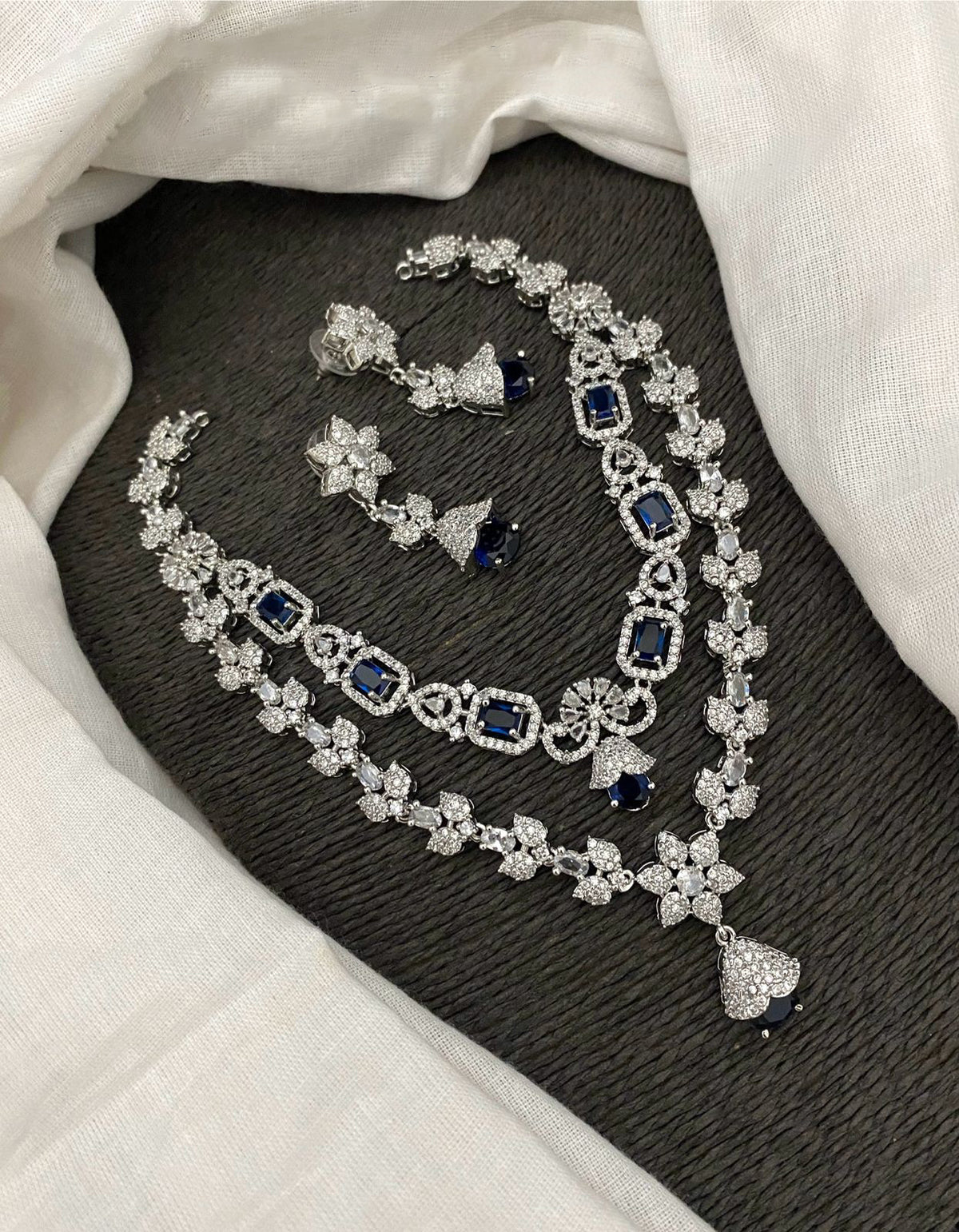 Pakistani Double Layered Floral AD Necklace Earring Set For Wedding - Libasaa.com