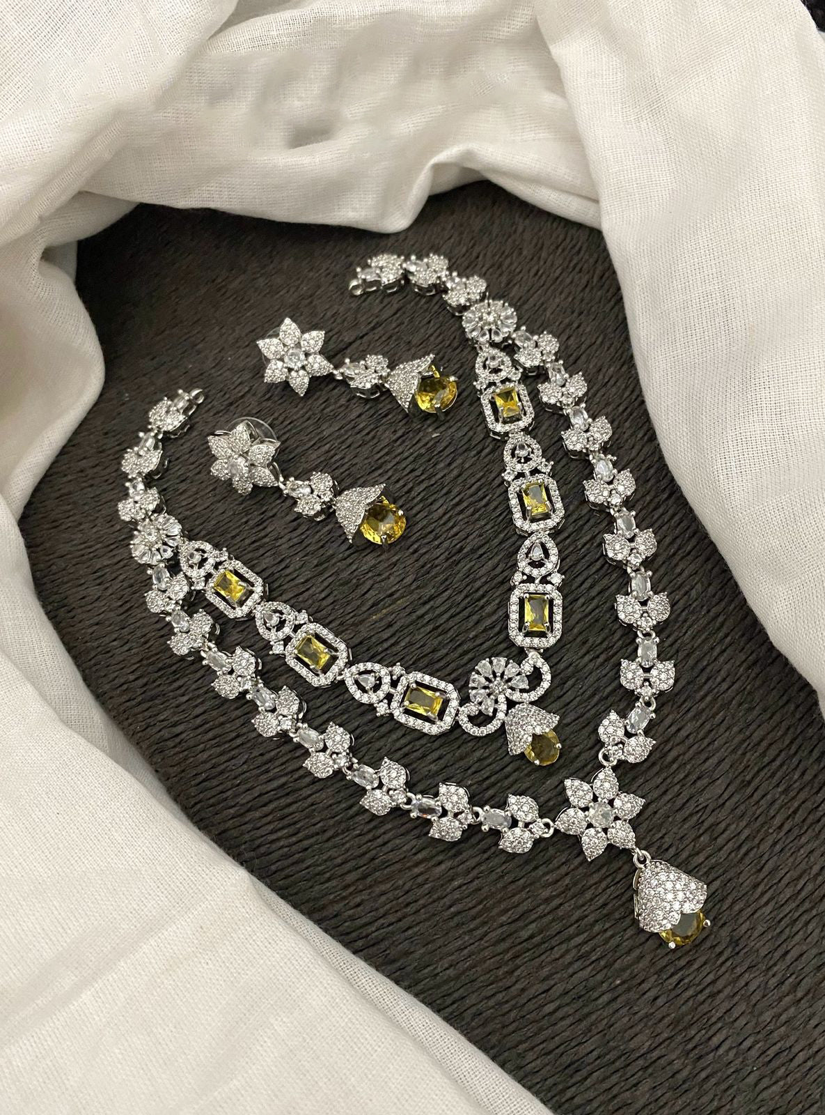 Pakistani Double Layered Floral AD Necklace Earring Set For Wedding - Libasaa.com