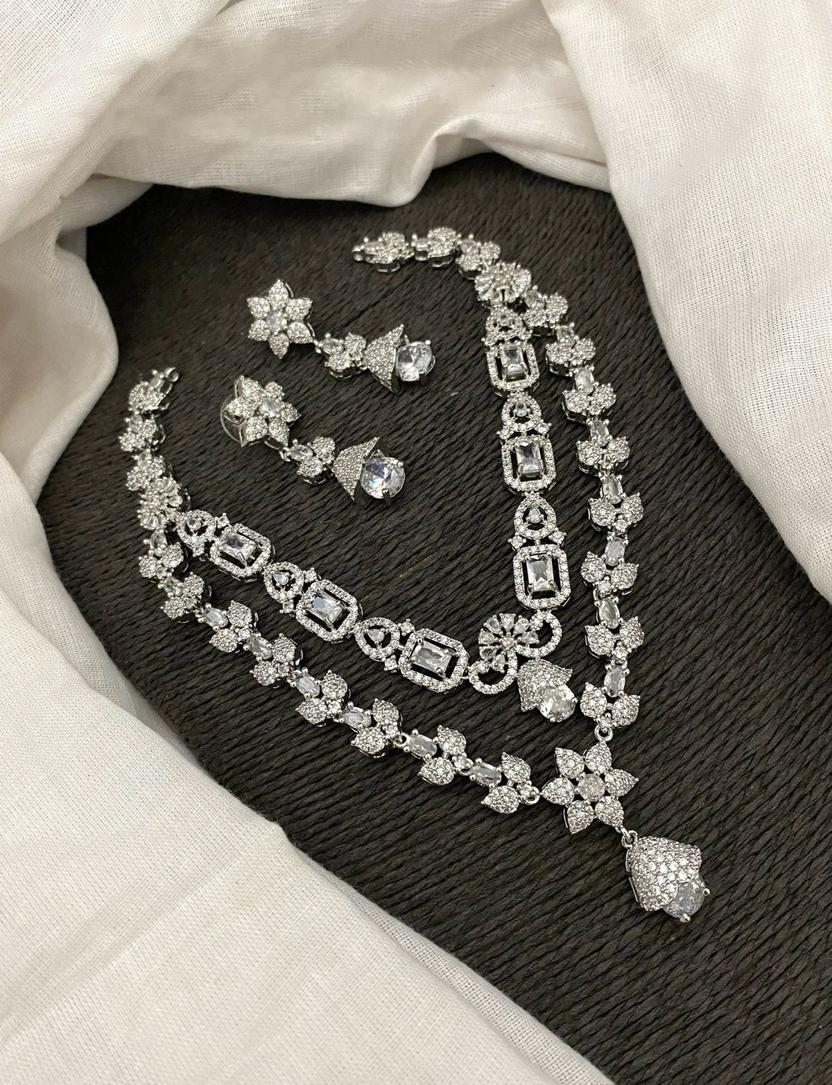 Pakistani Double Layered Floral AD Necklace Earring Set For Wedding - Libasaa.com