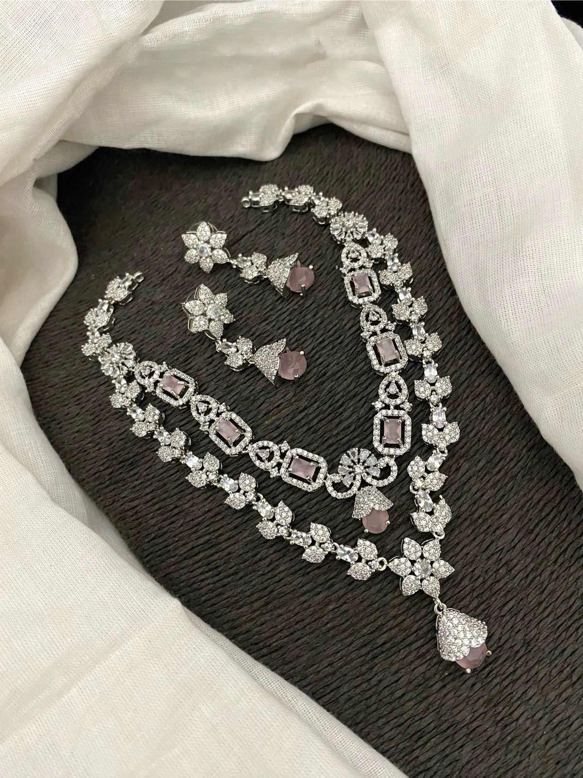 Pakistani Double Layered Floral AD Necklace Earring Set For Wedding - Libasaa.com
